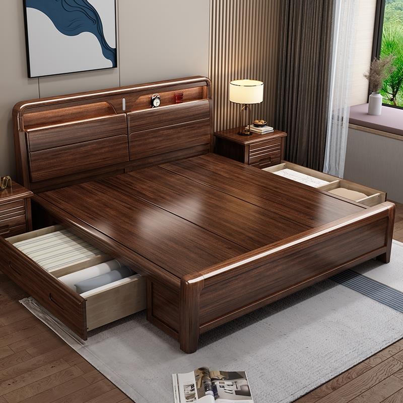 胡桃木实木床现代中式1.8米工厂直销高箱储物主卧加厚加粗双人床