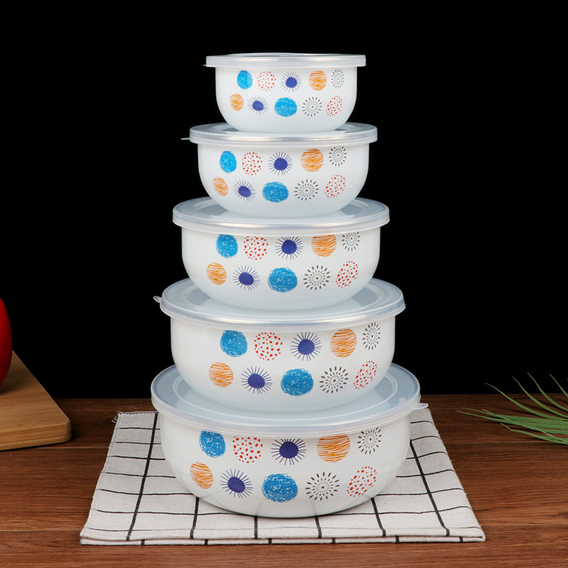五件套搪瓷冰碗老式搪瓷碗带盖密封碗套碗保鲜碗盒汤面碗菜碗饭碗