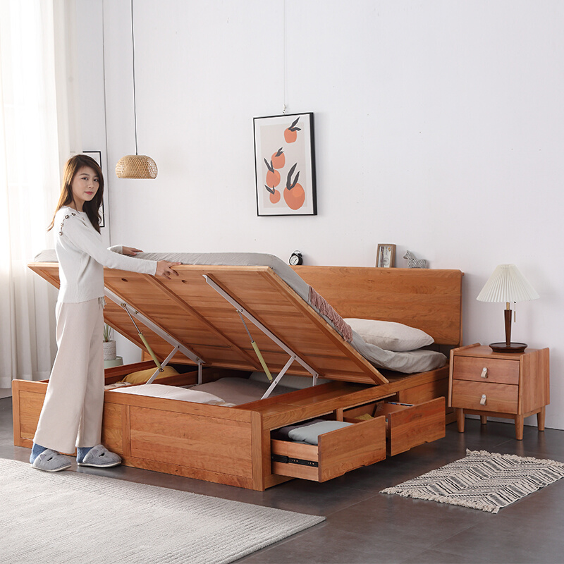 北欧实木箱体床樱桃木1.8米1.5米双人床简约气压高箱储物床抽屉床