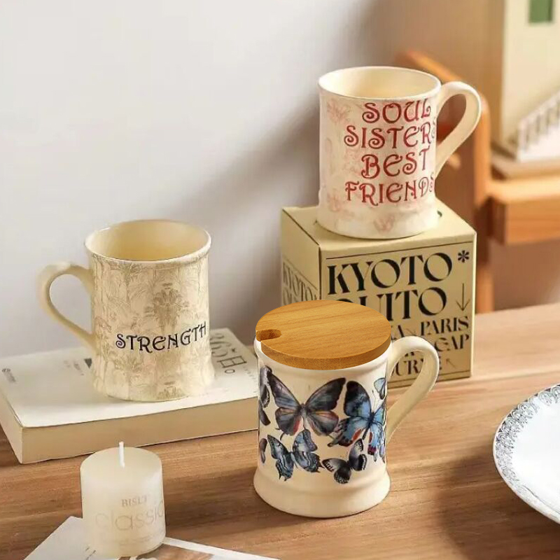 法式复古马克杯女生陶瓷水杯小众设计感礼物高颜值咖啡杯子带盖