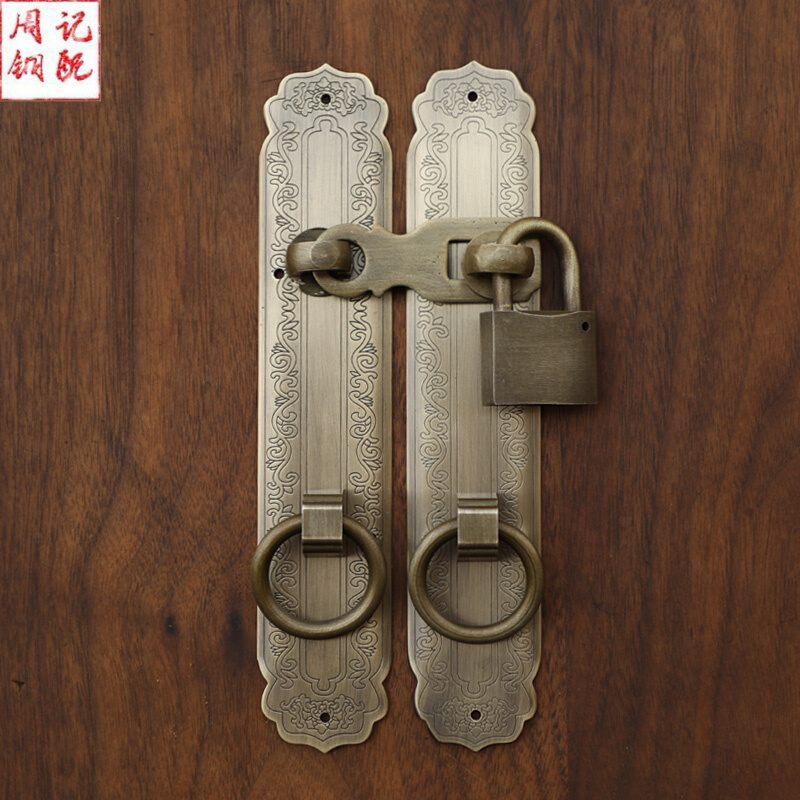 锁扣插销搭扣柜门拉手大门中式仿古纯黄铜门栓把手复古老式木门锁