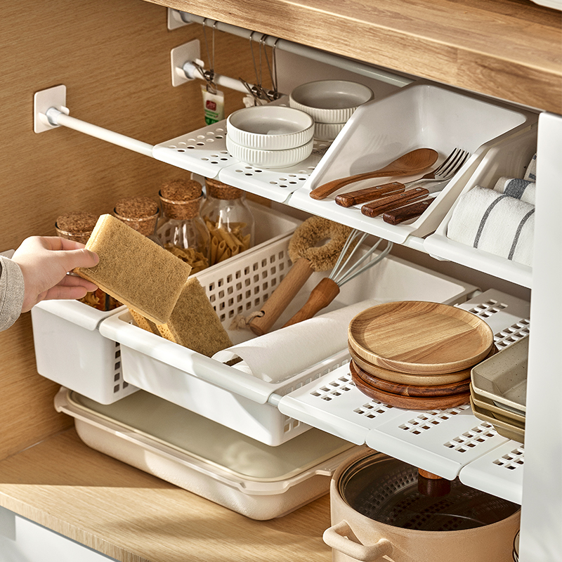 厨房下水槽置物架免打孔碗盘碟储物架橱柜分层多功能可伸缩收纳架