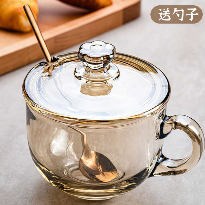 耐高温玻璃杯家用燕麦片牛奶早餐杯带盖勺碗耐热防爆大容量杯子
