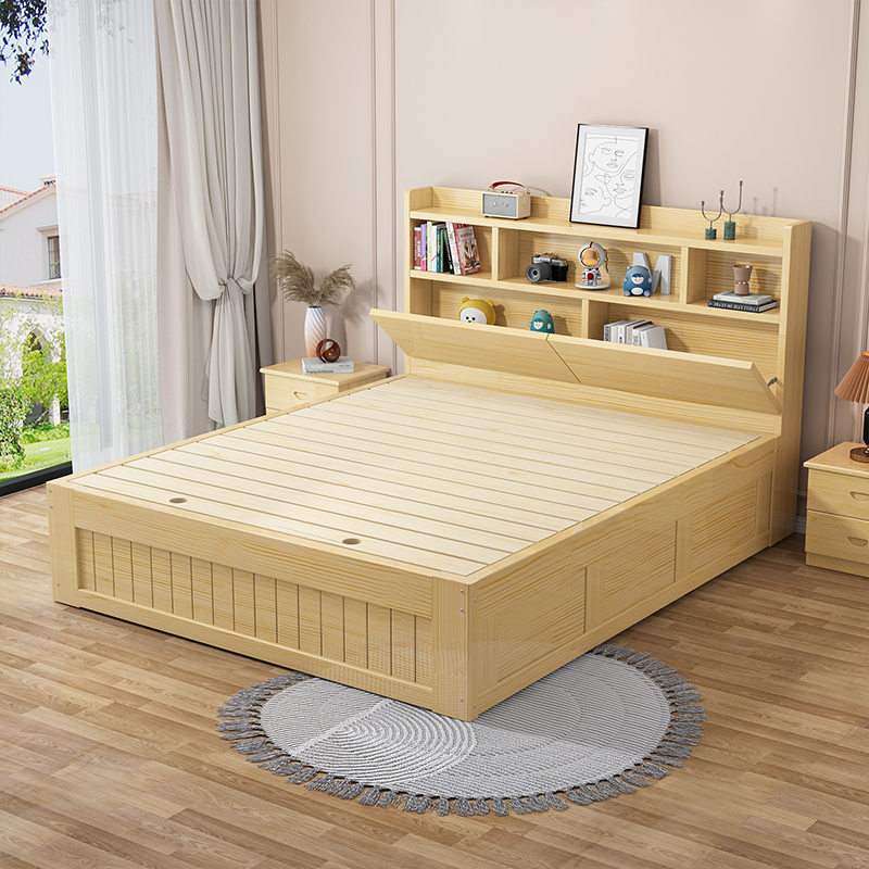松木实木床高箱床1米5儿童v床带储物床气压单人床1米2箱体床收纳