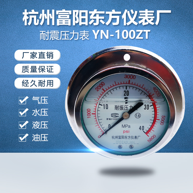 杭州富阳东方YN100ZT轴向带边抗震耐震压力表水压油压气压表III型