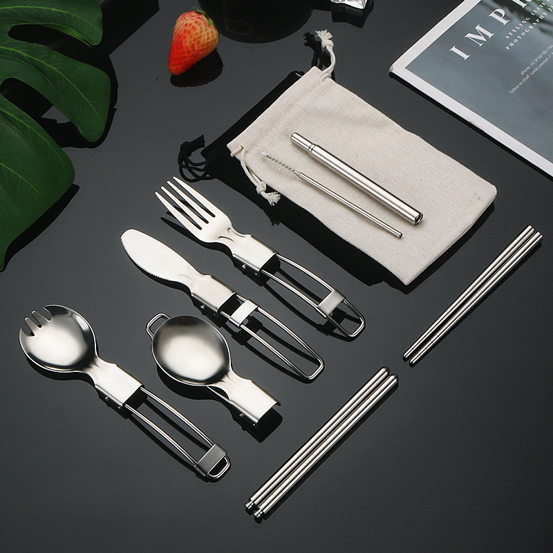 304不锈钢折叠刀叉勺户外野营便携式餐具随身沙拉勺筷子吸管套装