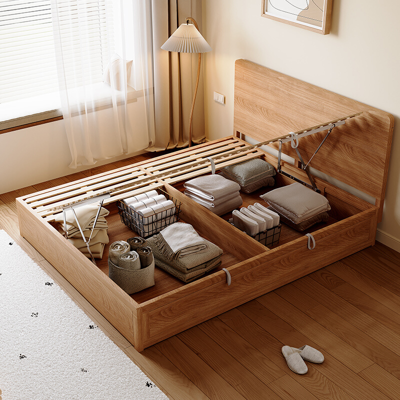 日式全实木床高箱床1米5橡木箱体床约主卧薄床头储物双人床