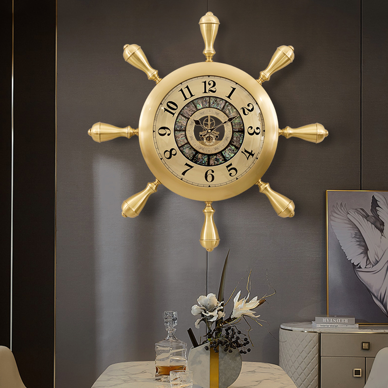 现代简约大气黄铜钟表轻奢欧式创意挂钟家用客厅玄关舵手时钟挂墙