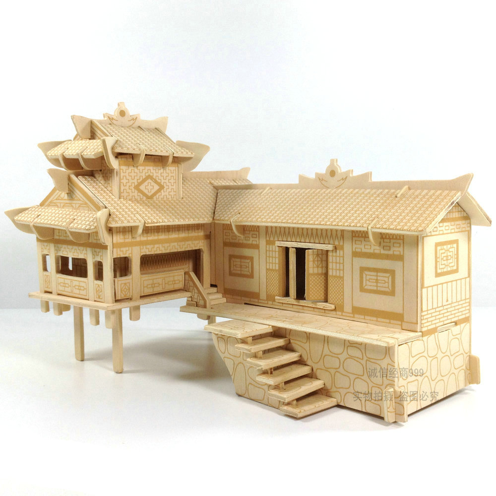 立体拼图木质拼装房子3D木制仿真建筑模型手工木头屋diy益智玩具