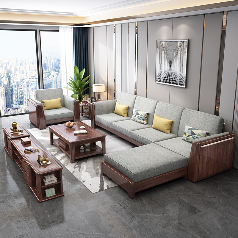 新中式全实木沙发客厅小户型布艺现代简约胡桃木三人组合木质家具