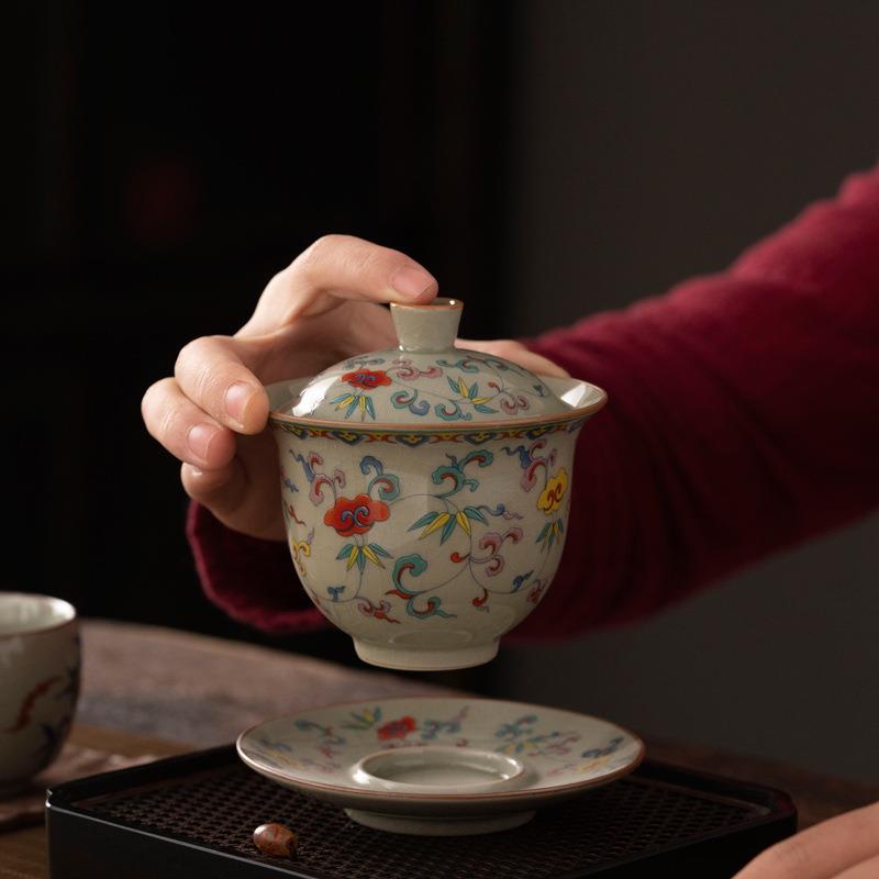 南茗佳人三才盖碗陶瓷汝窑开片可养复古泡茶器高端家用碗敬茶茶具