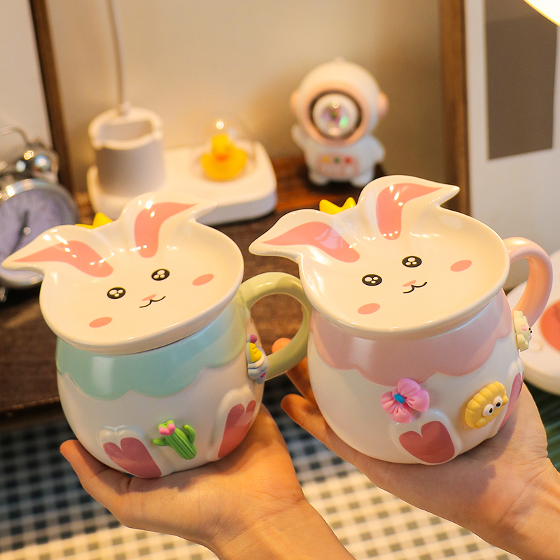 兔子陶瓷马克杯子带盖少女可爱夏天喝水杯可加热办公室家用早餐杯