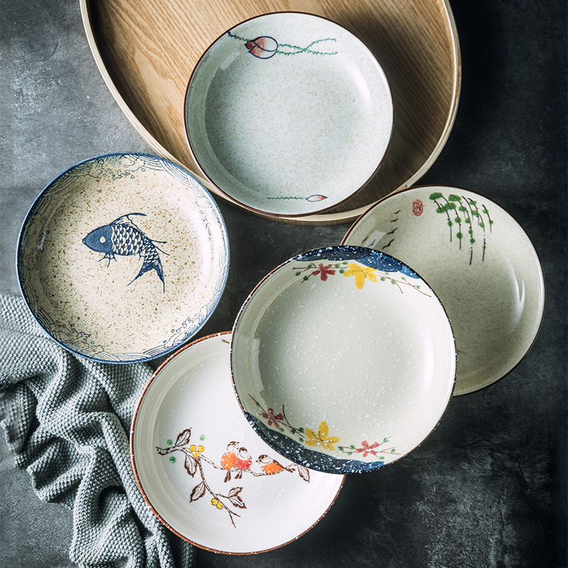釉下彩日式复古陶瓷盘子高颜值深盘碟子菜盘家用餐厅汤盘日式餐具