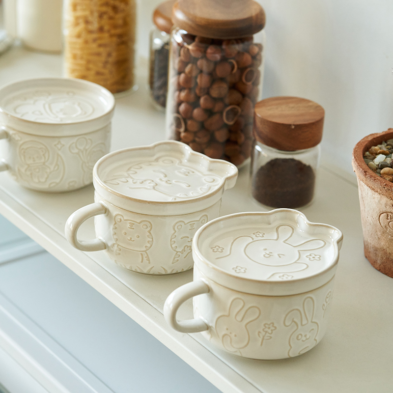 肆月奶fufu杯子家用喝水高颜值马克杯兔年水杯可爱带盖陶瓷杯茶杯