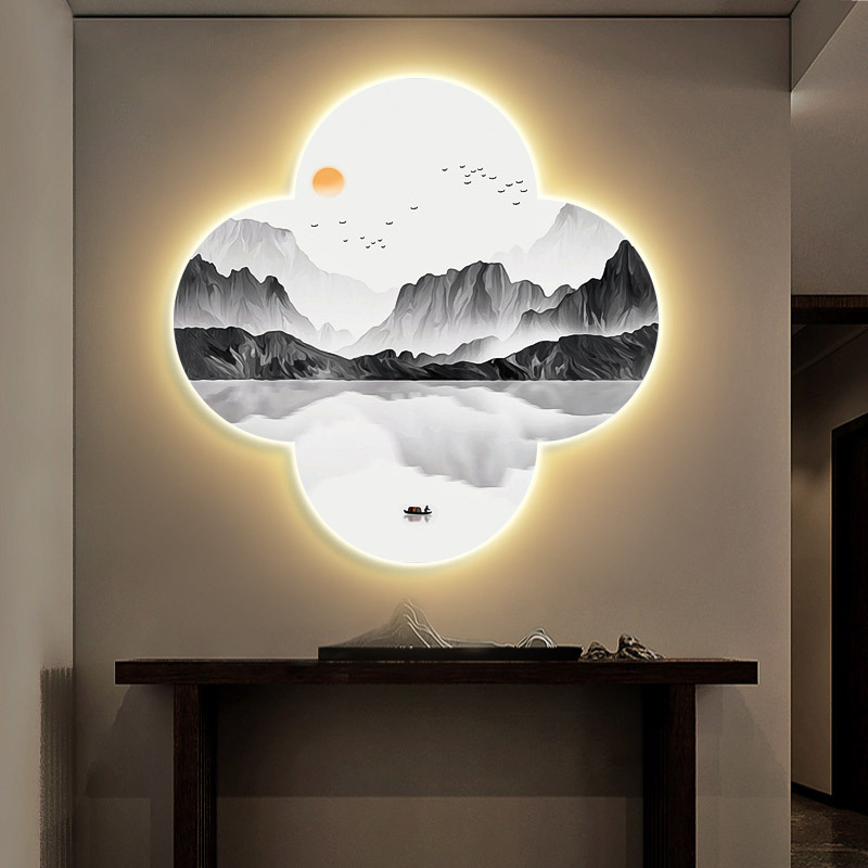 梅花形玄关新中式LED灯画装饰画发光山水画走廊茶室挂画风景壁画