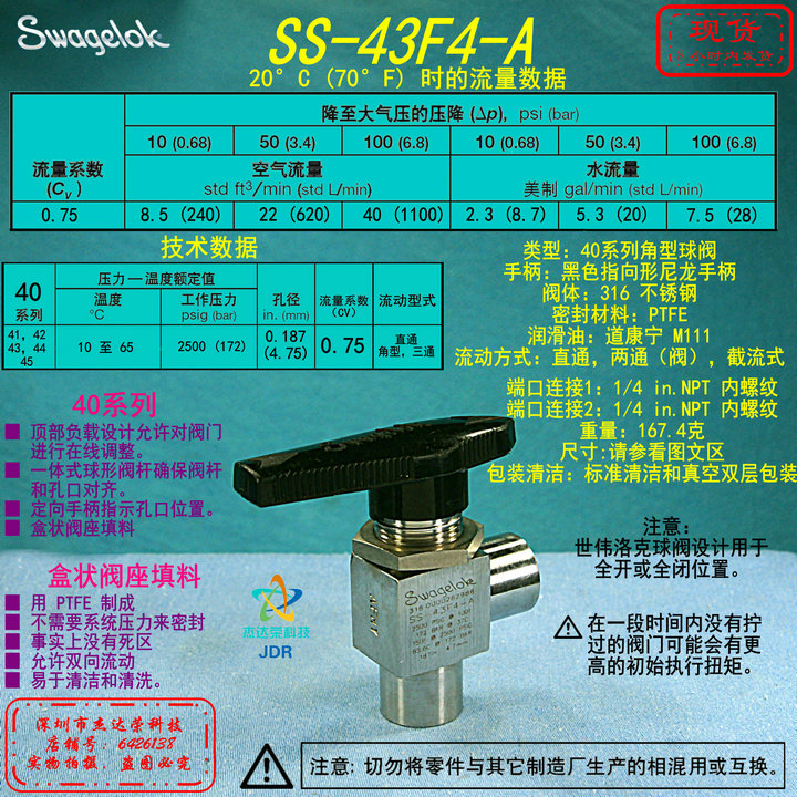 【SS-43F4-A】Swagelok世伟洛克不锈钢角型球阀 1/4 in.NPT内螺纹
