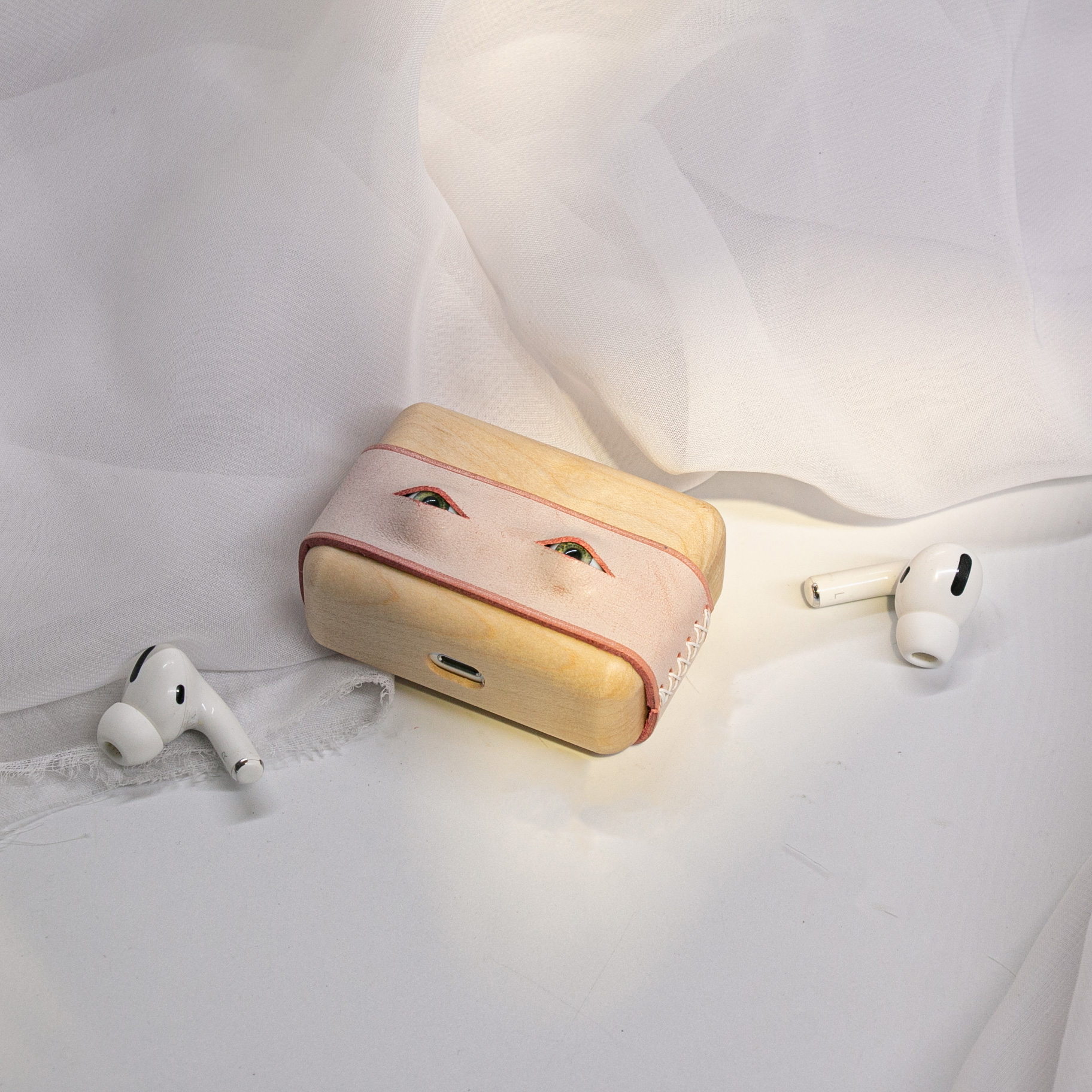 手作眼睛皮质耳机套适用于airpods pro苹果耳机3代蓝牙耳机保护盒pro2代创意木质手工皮革华为pro3真皮质感