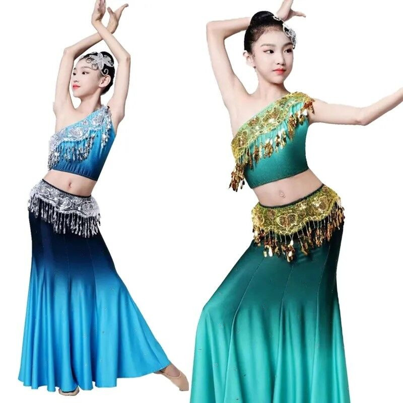 新款儿童傣族舞蹈演出服女童傣族孔雀舞包臀鱼尾裙少儿民族表演服
