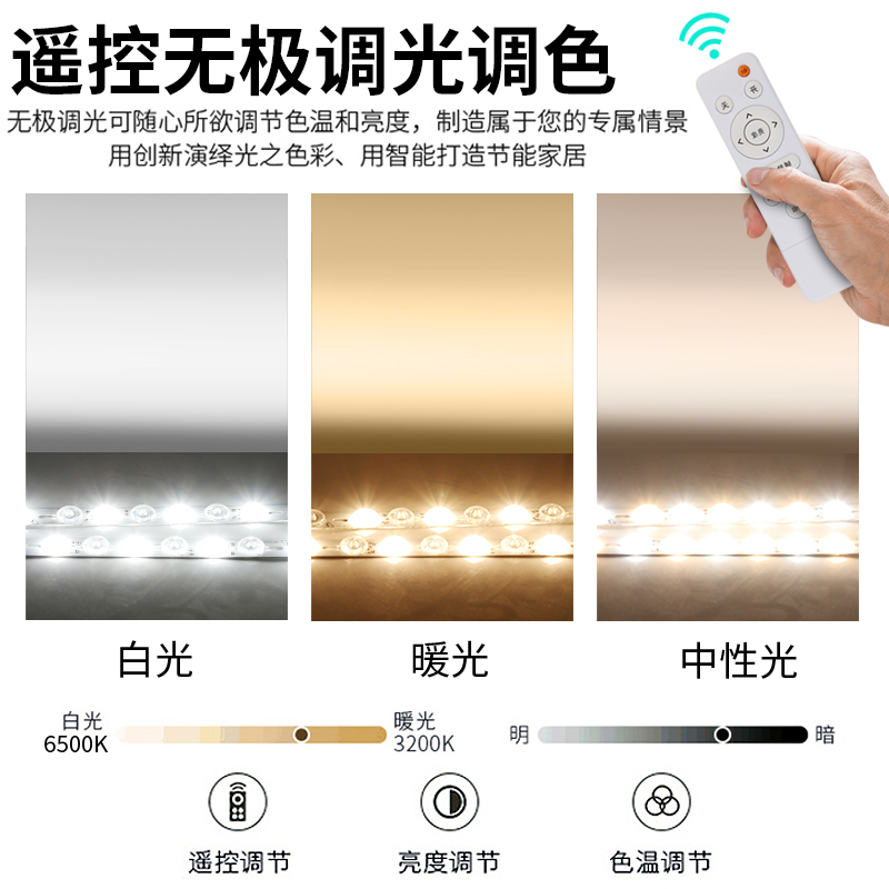 LED全光谱进口普瑞护眼灯珠三色变光灯条 无极遥控器替换吸顶灯芯