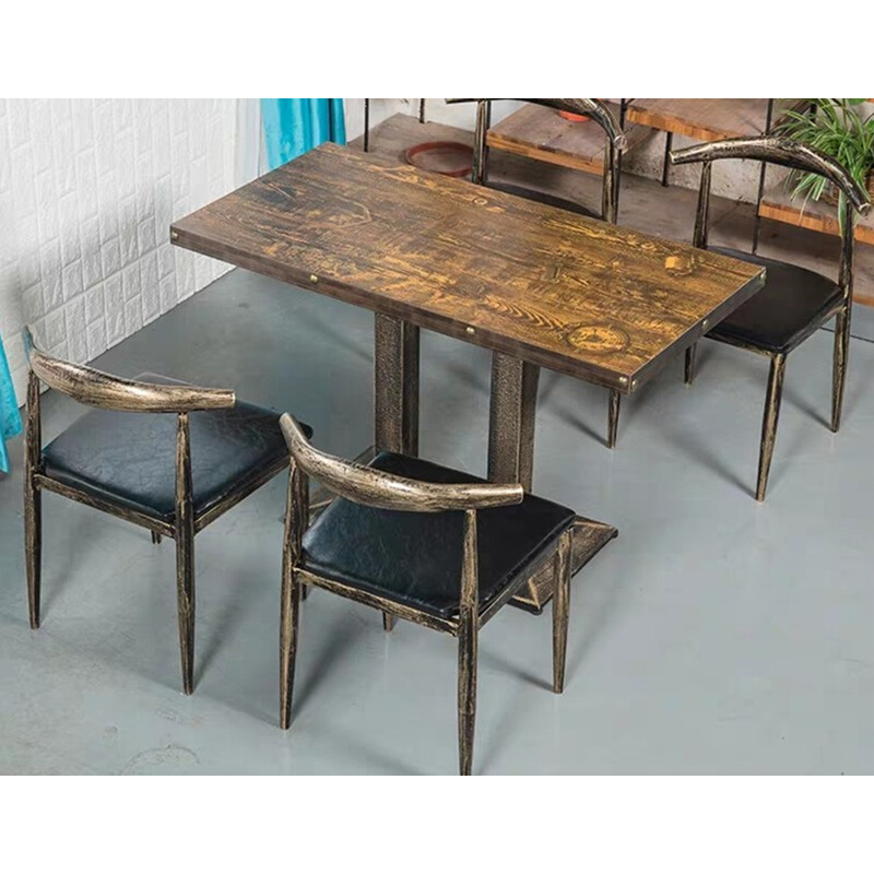 餐厅桌椅仿木铁艺牛角椅奶茶店小方桌长桌小吃火锅店桌椅组合复古