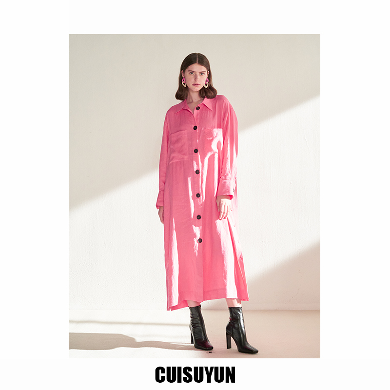 CUISUYUN独立设计师23年夏季新款亚麻衬衫连衣裙玫红色度假小众