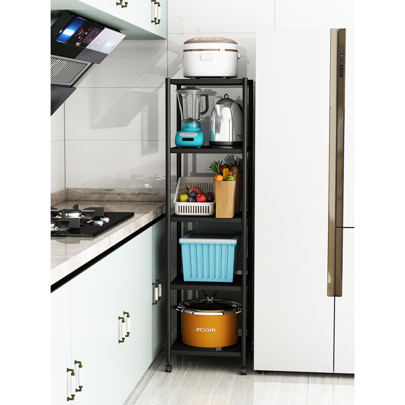 不锈钢厨房置物架落地多层宽35cm冰箱夹缝收纳架40长可移动带轮子