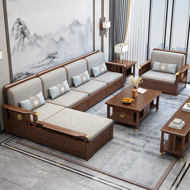 新中式全实木布艺沙发组合储物简约贵妃小户型客厅胡桃木家具