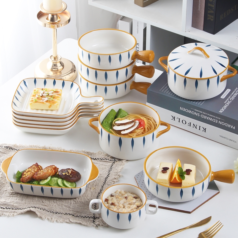 日式手柄盘子创意家用餐盘高级感碗盘焗饭烤盘烤碗泡面碗陶瓷餐具