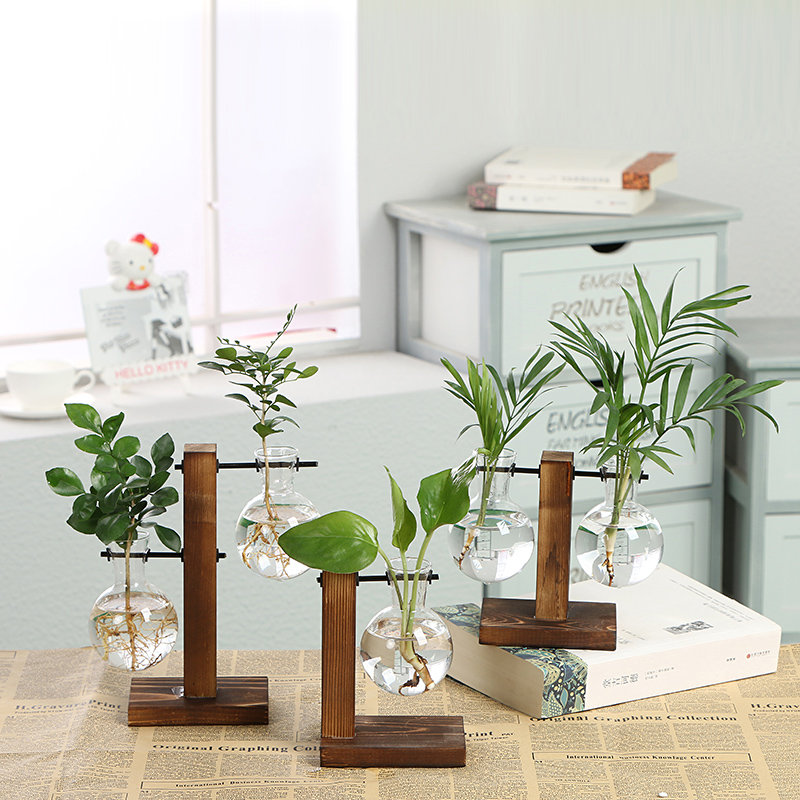简约创意玻璃瓶花瓶木架水培花瓶绿萝植物透明花瓶桌面摆件装饰品