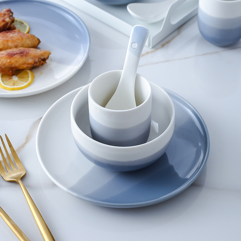 餐厅摆台一人食酒店陶瓷餐具碗盘碟勺家用三件套茶杯骨碟家用创意