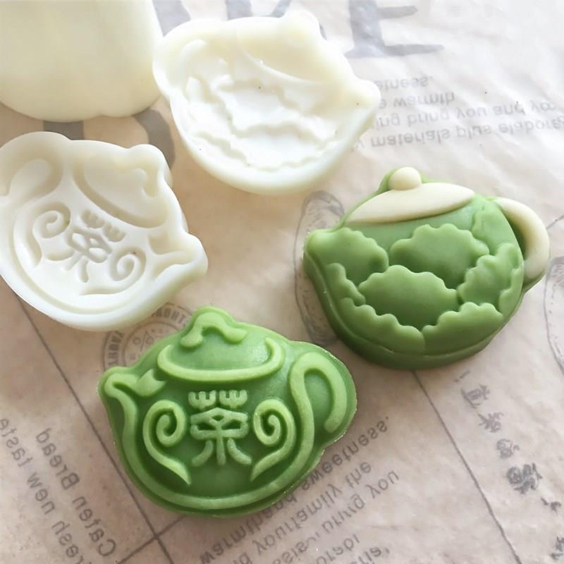 国潮风茶壶50-65g克立体月饼绿豆糕模具不粘广式手压塑料磨具制作