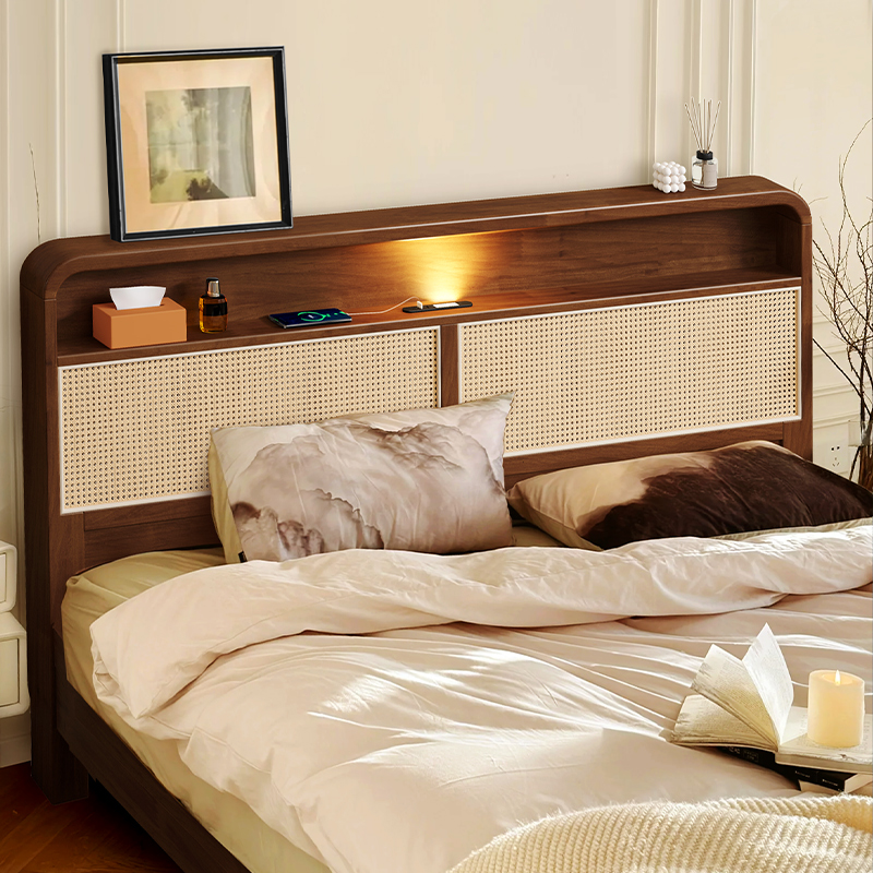 胡桃色法式复古藤编实木床现代简约美式1.5米1.8双人床箱体床婚床