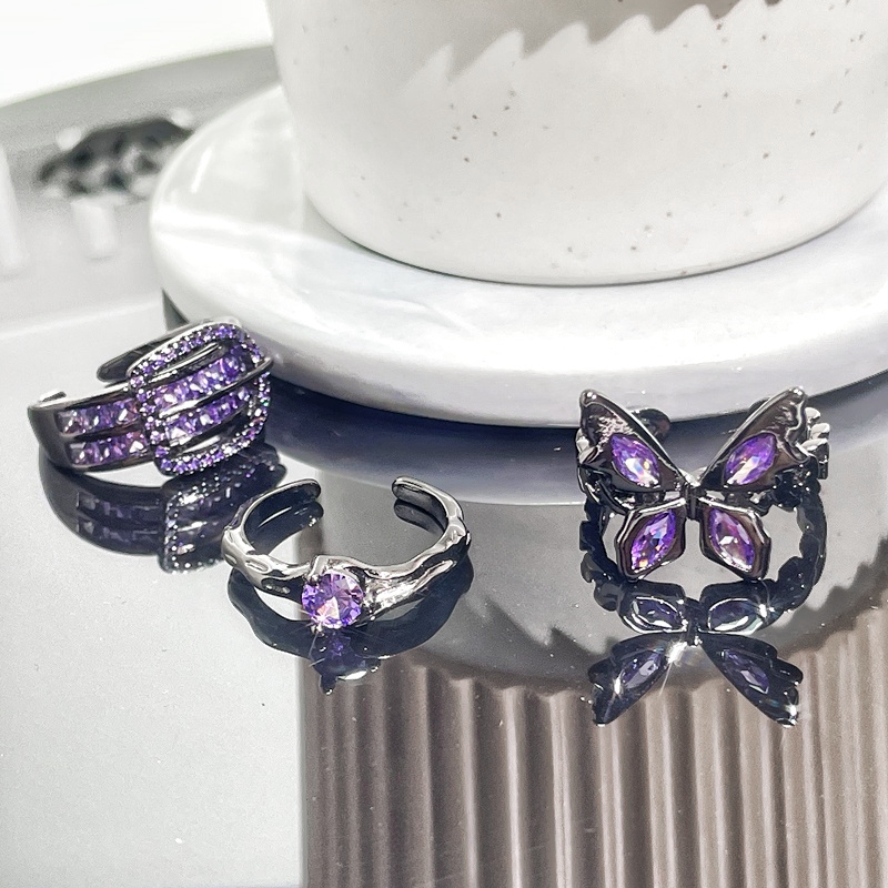 小众设计感暗黑皮带扣紫钻蝴蝶开口戒指女时尚个性甜酷潮精致指环