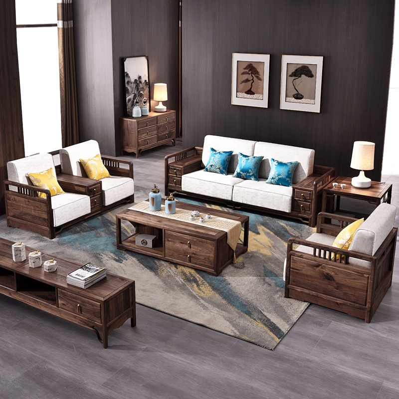 北美黑胡桃木沙发全实木123组合多功能沙发现代新中式客厅家具