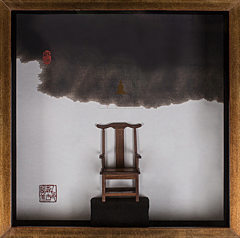 中式实物木家具装饰画系列 谭木金实木外框椅子摆件 50x50cm