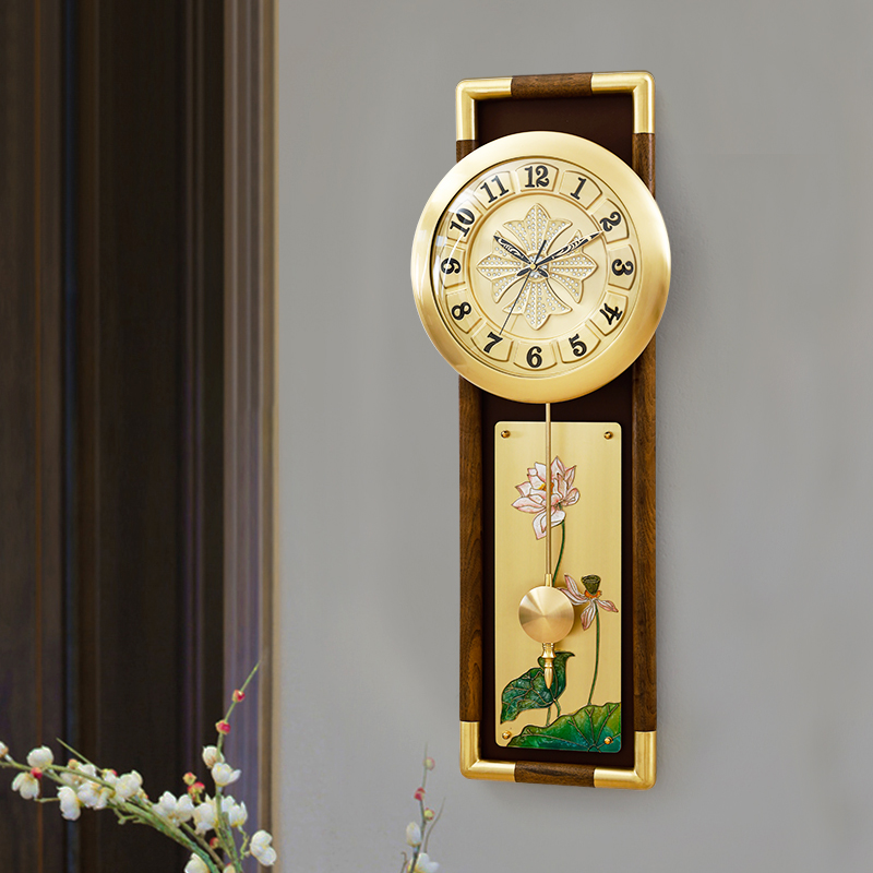 新中式黄铜钟表挂钟客厅家用实木现代时尚静音装饰挂表时钟挂墙