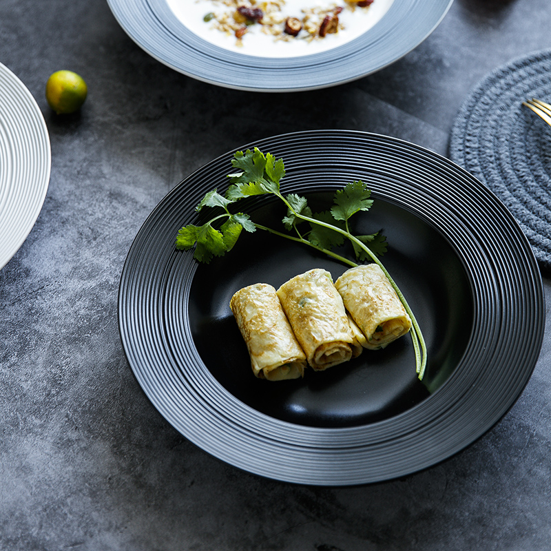 欧式创意草帽盘家用拉丝纹意面盘简约西餐汤盘纯色餐厅料理摆盘子