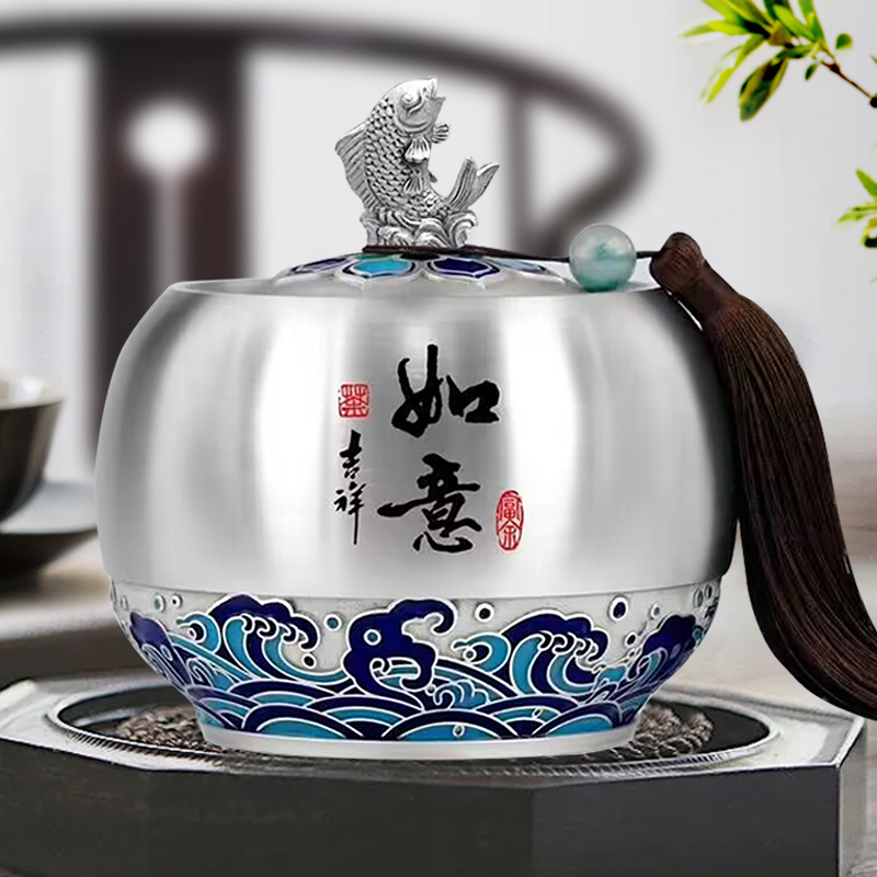 如意纯锡茶叶罐珐琅彩密封罐中式家用锡罐白茶绿茶茶叶盒定制logo