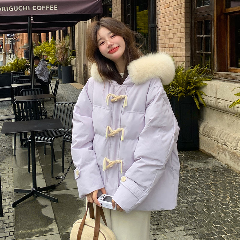 紫色牛角扣羽绒棉服女冬季2023新款韩版宽松大毛领加厚面包服外套