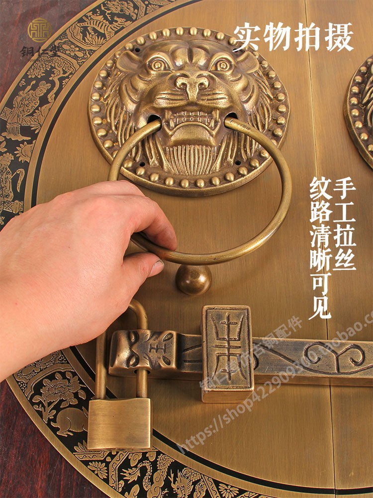 仿古纯铜大门拉手门锁圆形木门插销门栓铜把手黄铜中式典复古老式