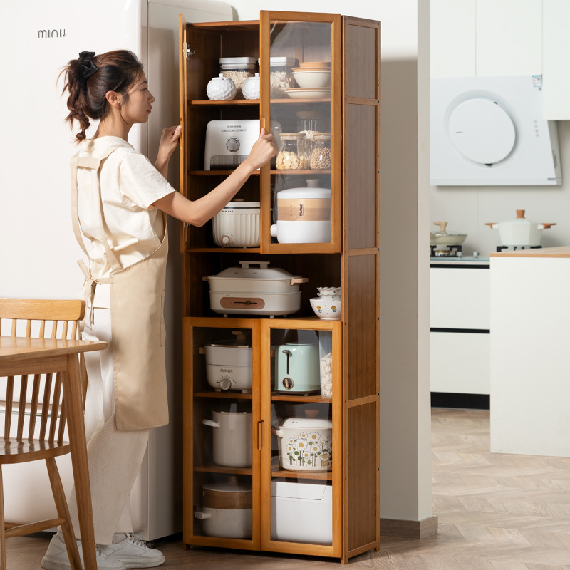 厨房用品收纳柜子落地多层多功能置物架带门厨具餐具储物柜书架木