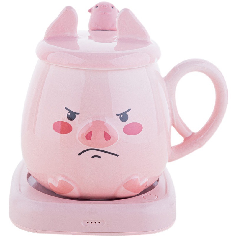 8DWL超萌小猪马克杯可爱少女生粉色陶瓷杯子带盖勺家用水杯早餐咖