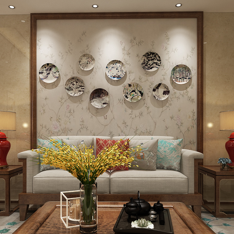 新中式国风酒店餐厅创意家居客厅背景墙装饰盘子挂盘 陶瓷盘摆件