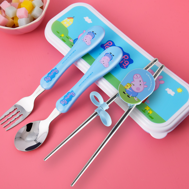 小猪佩奇婴幼儿宝宝学吃饭不锈钢勺子叉子训练筷子儿童餐具套装