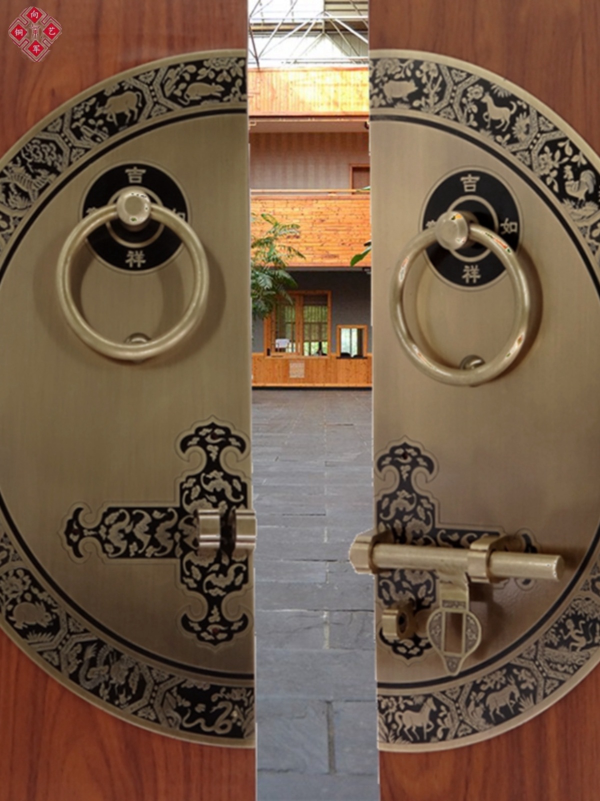中式打孔仿古大门门栓纯环拉手老式把手复古木门插销圆形黄铜门锁