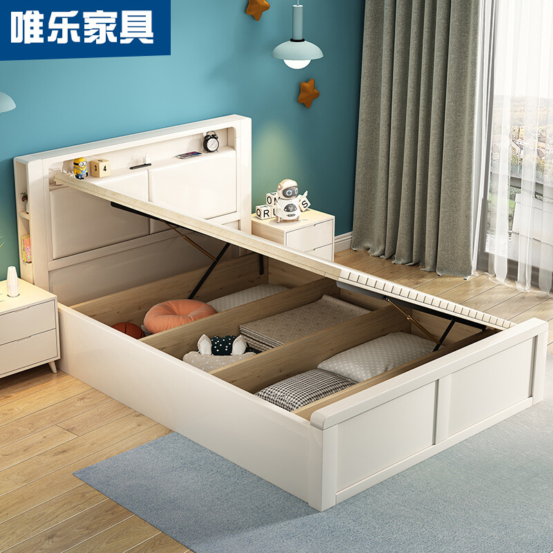 白色全实木床儿童气压高箱单人床1.5米1.2小户型储物收纳箱体床实