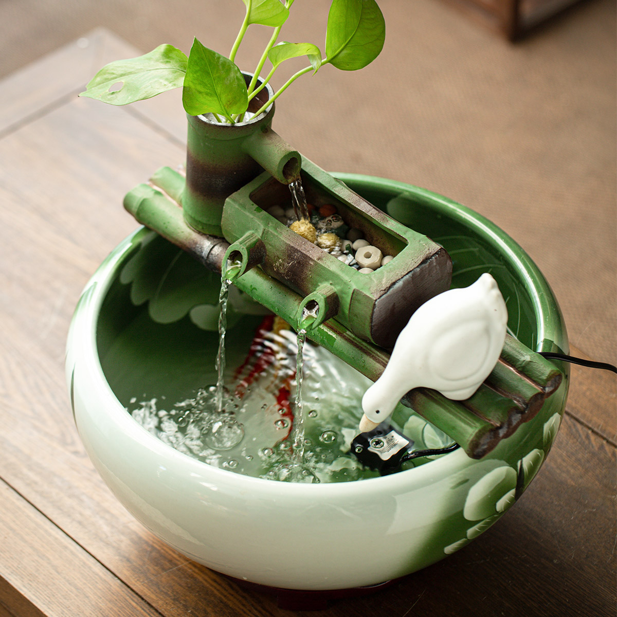 竹子流水器水循环鱼缸过滤器喷泉装饰摆件微景观景德镇陶瓷仿竹节