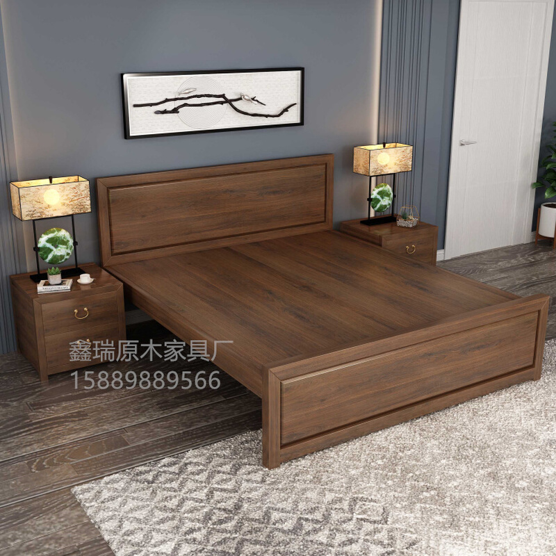 老榆木双人床全实木简约现代平板床储物床高脚床新中式卧室箱体床