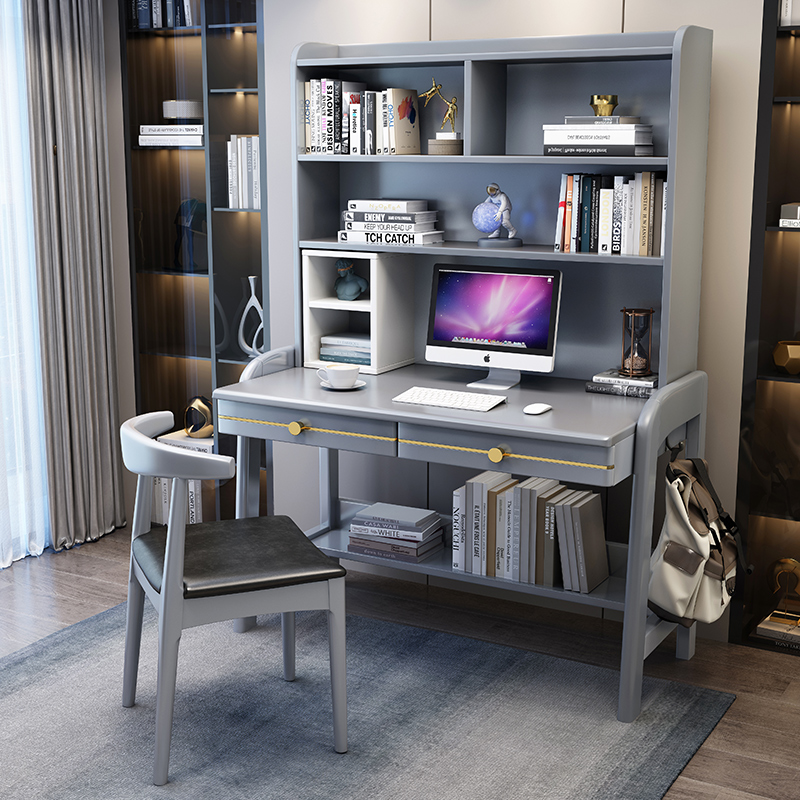 实木书桌书架一体可升降工作台式电脑桌子卧室家用简约现代办公桌