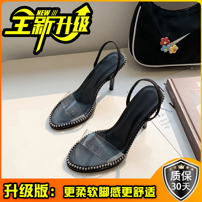 鞋子女夏季2021年新款韩版铆钉细跟高跟鞋性感透明一字带黑色凉鞋